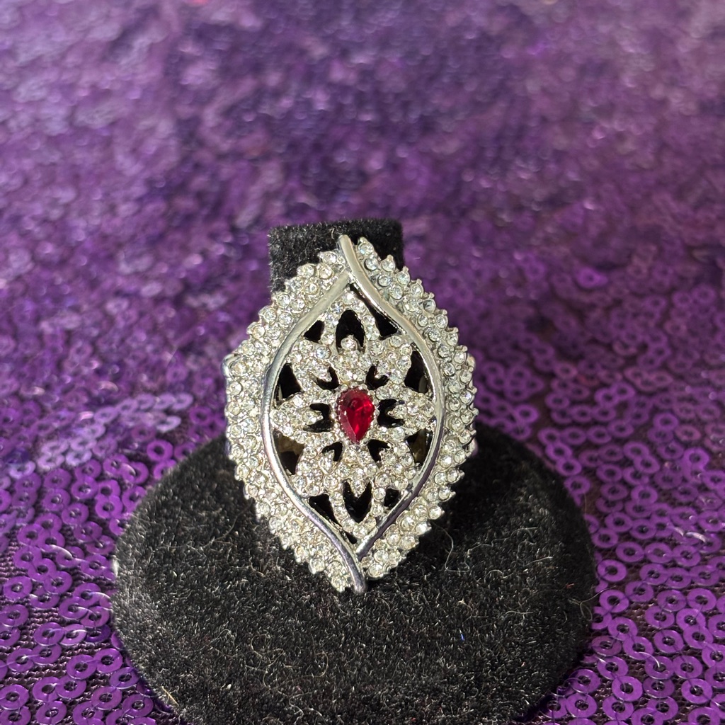 Paparazzi Silver-Tone Filigree Ring With Red Center